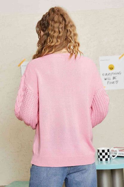 Double Take Round Neck Cable-Knit Dropped Shoulder Sweater