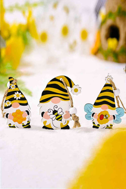 Paquete de 3 adornos de gnomos de madera de abeja