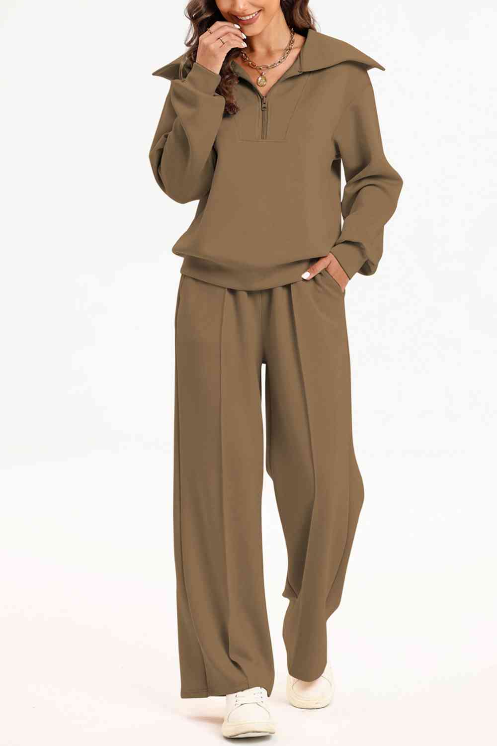 Half Zip Collared Neck Sweatshirt and Pants Set