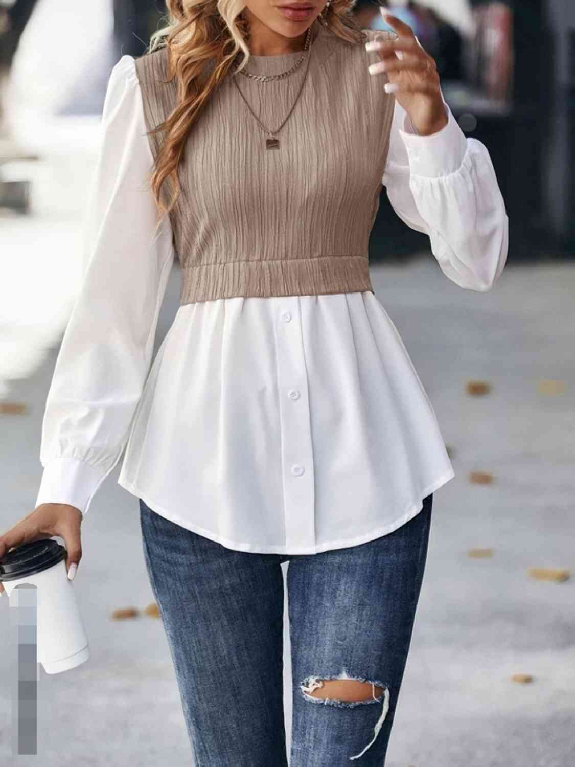 Blouse contrastée à col rond et manches bouffantes