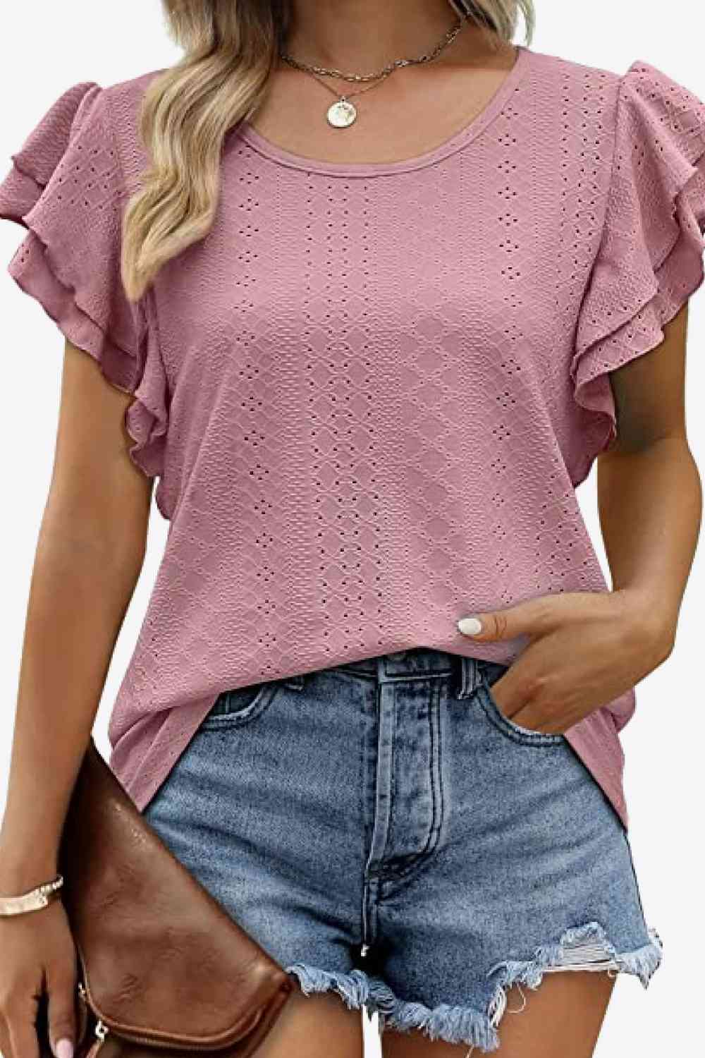 Blusa con cuello redondo y mangas acampanadas en capas