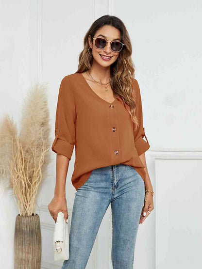 Blusa abotonada con cuello en V y manga larga Roll-Tap