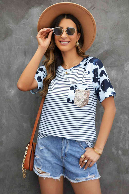 Mixed Print Sequin Pocket T-Shirt