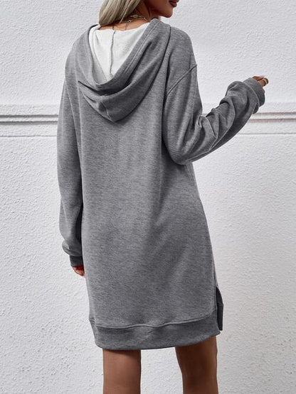 Slit Long Sleeve Hooded Dress with Pocket