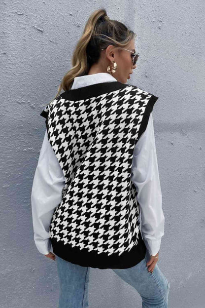 Gilet pull côtelé pied-de-poule à col en V