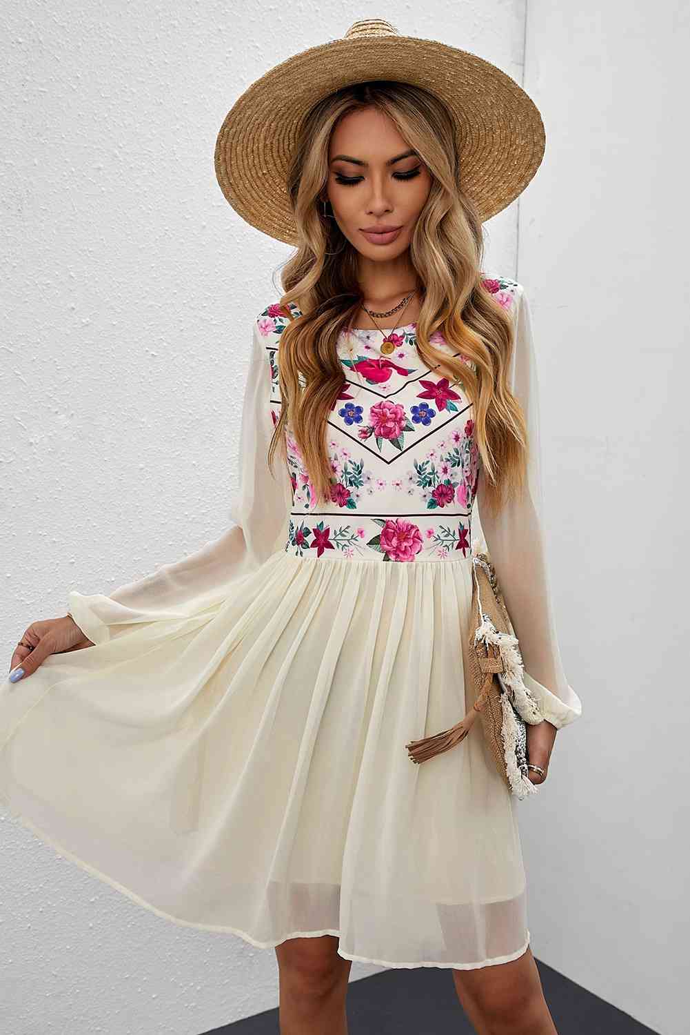 Floral Mesh Sleeve Lined Dress