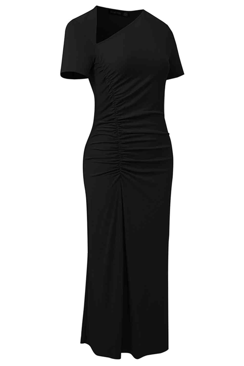 Robe midi à manches courtes et col asymétrique