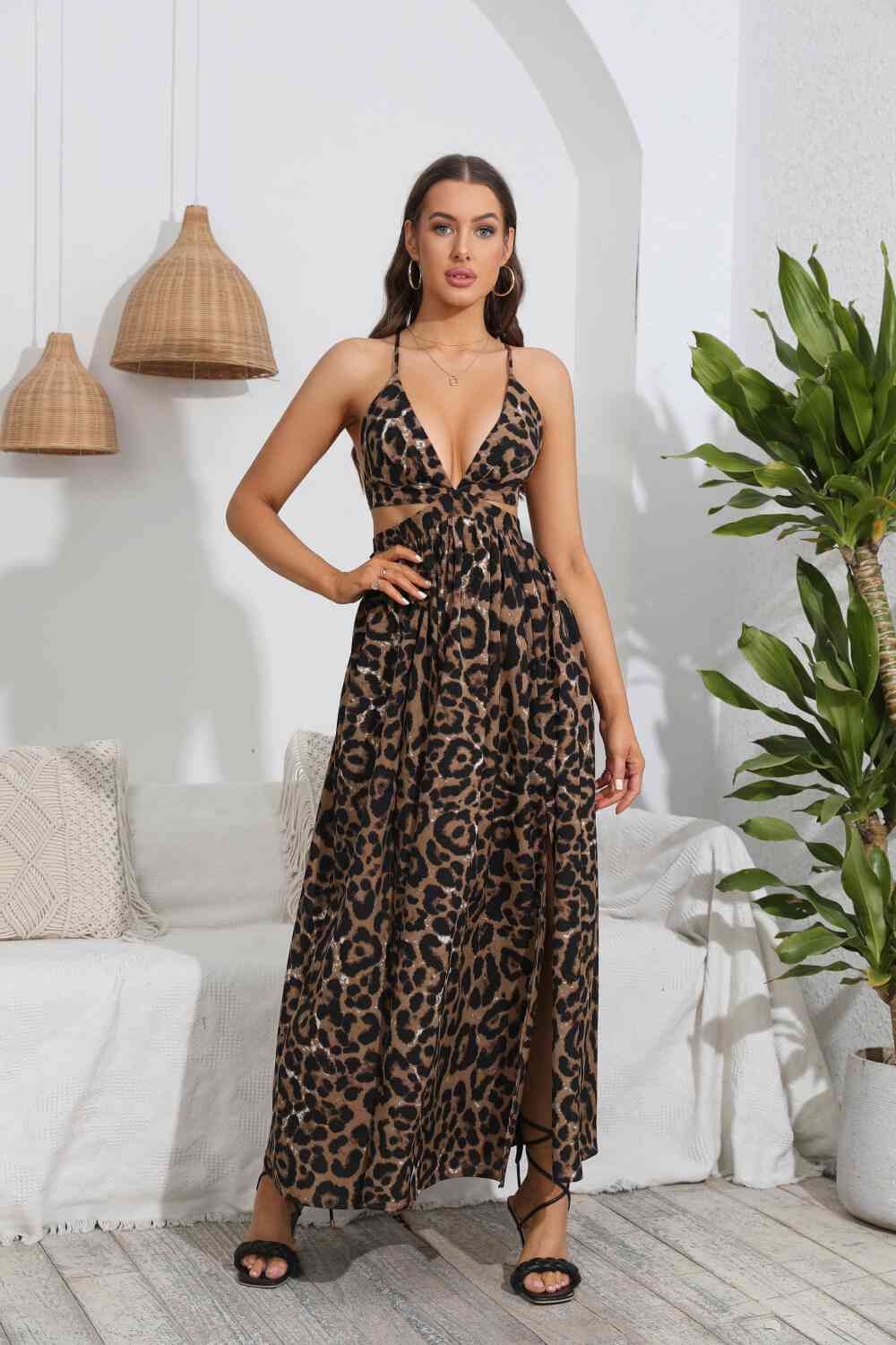 Leopard Deep V Tie Back Split Dress