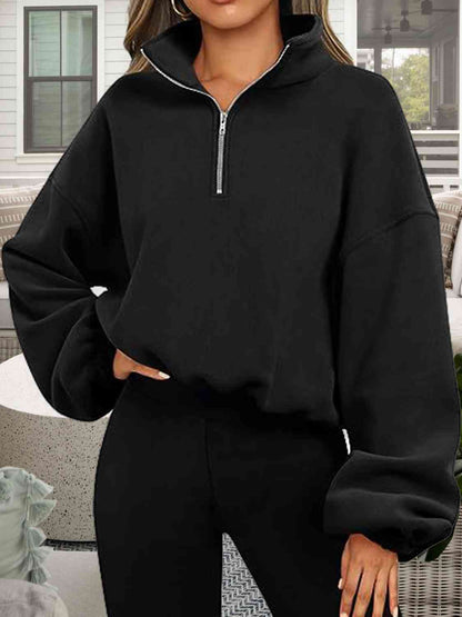 Half-Zip Collared Drop Shoulder Fleece Sweatshirt