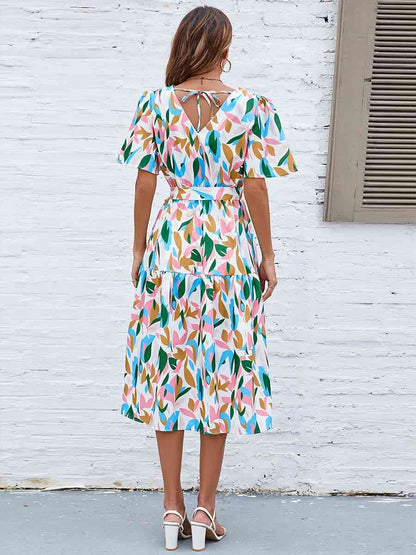 Printed Tie-Waist V-Neck Flutter Sleeve Dress