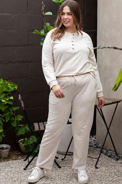 Plus Size Half Button Top and Pants Set