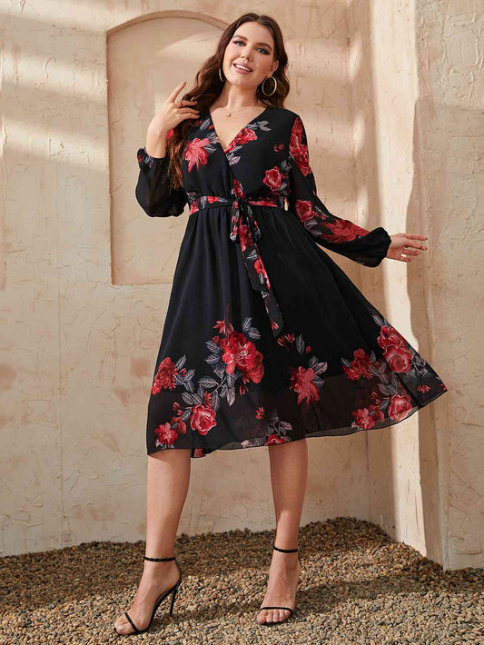 Robe Florale à Surplis et Nouée à la Taille de Grande Taille