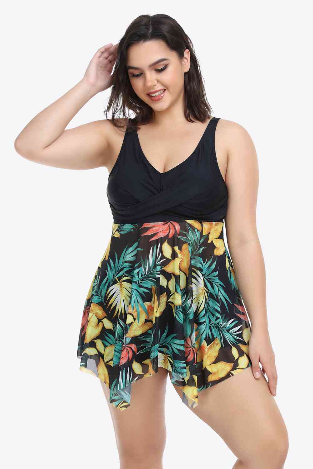 Maillot de Bain Deux Pièces Floral Bicolore à Ourlet Asymétrique de Grande Taille