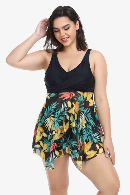 Maillot de Bain Deux Pièces Floral Bicolore à Ourlet Asymétrique de Grande Taille