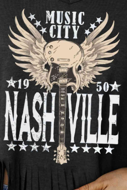 MUSIC CITY 1950 NASHVILLE Camiseta con dobladillo con flecos y gráfico