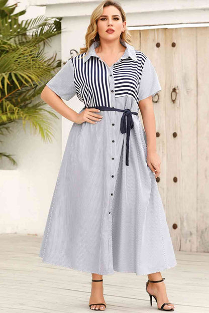 Plus Size Striped Belted Button-Up Shirt Dress