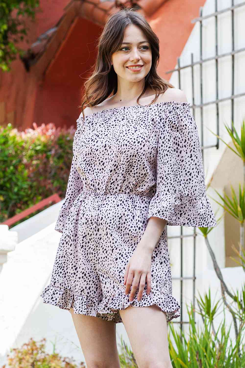 Printed Off-Shoulder Ruffled Romper