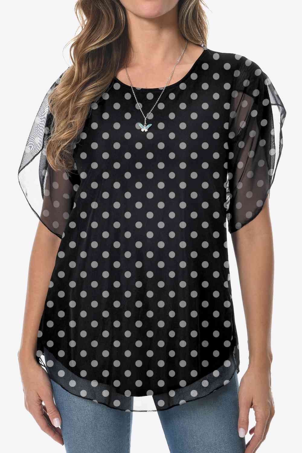 Blusa estampada con cuello redondo y dobladillo redondeado