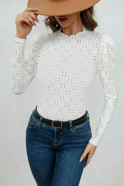 Round Neck Eyelet Long Sleeve Blouse