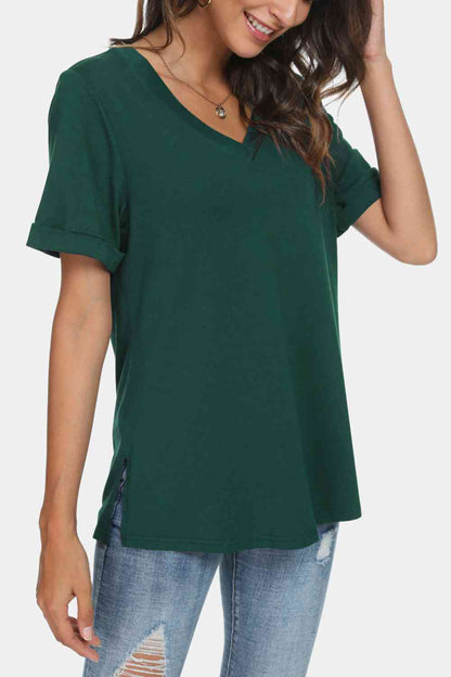 V-Neck Short Sleeve Slit T-Shirt