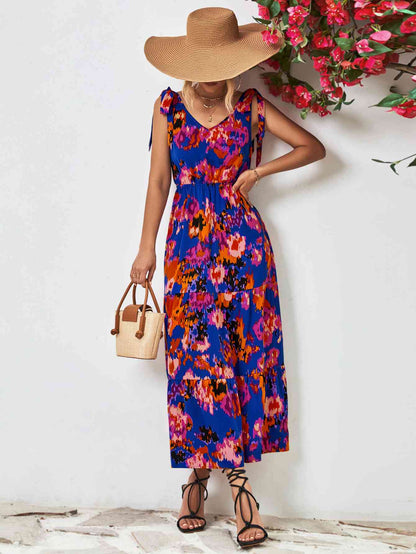 Robe midi multicolore dos nu à col en V