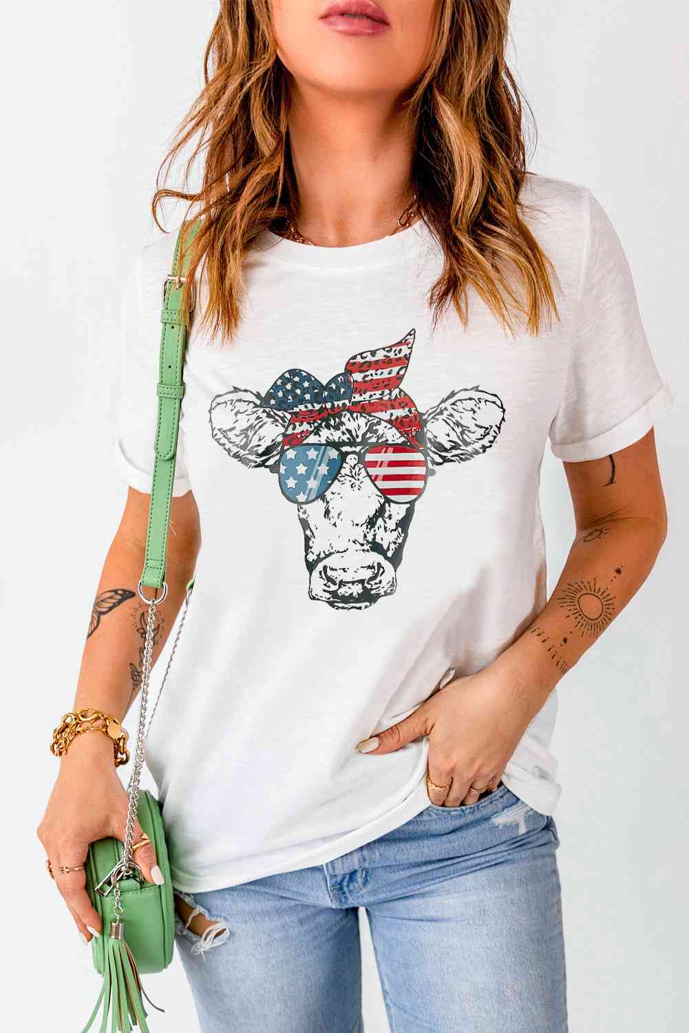 T-shirt à manches courtes avec motif vache et drapeau américain