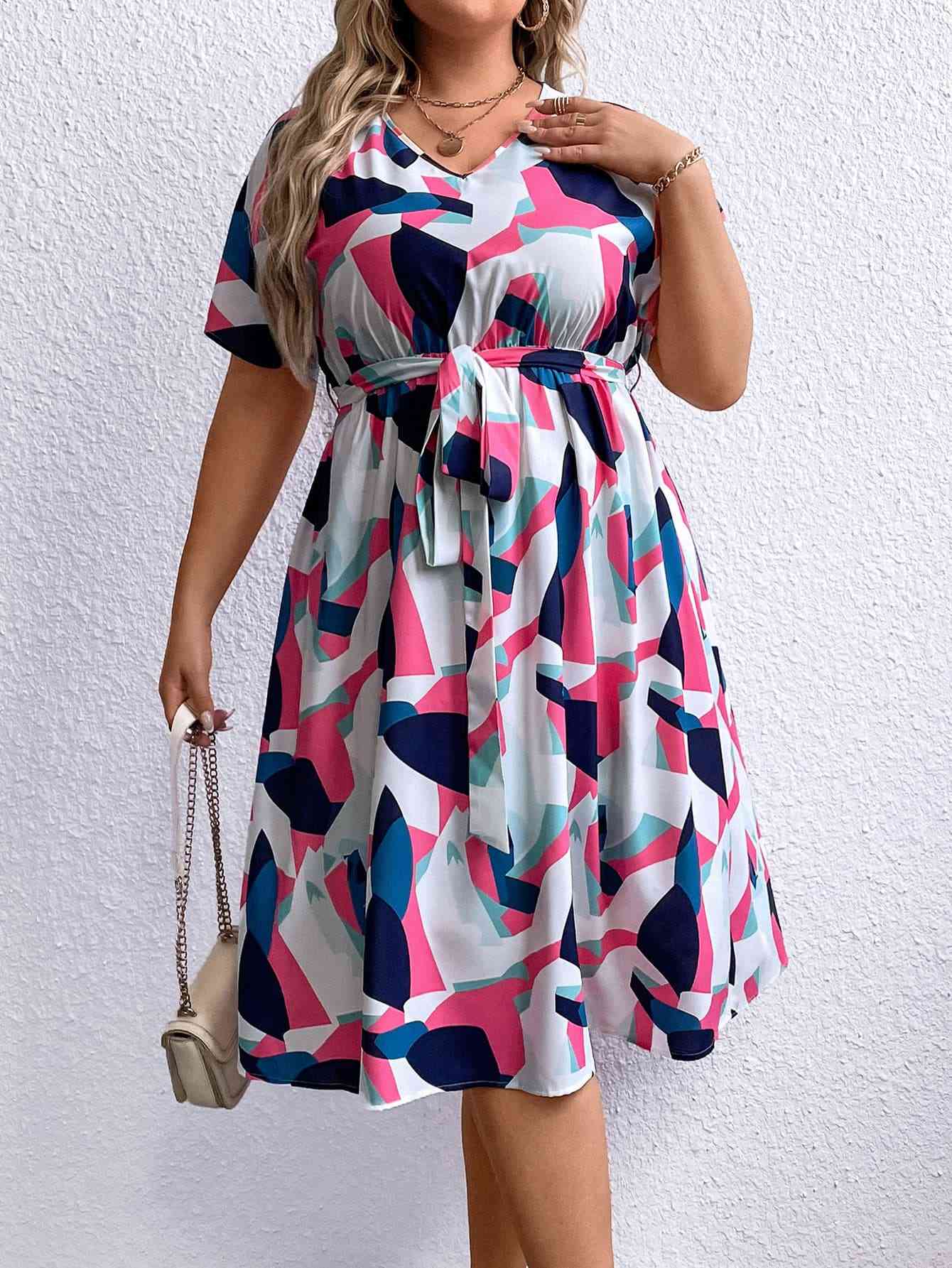 Robe Multicolore à Col en V Nouée à la Taille de Grande Taille