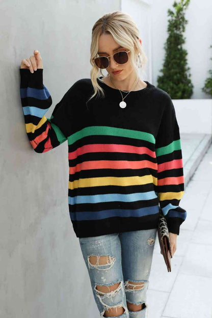 Rainbow Stripe Dropped Shoulder Sweater