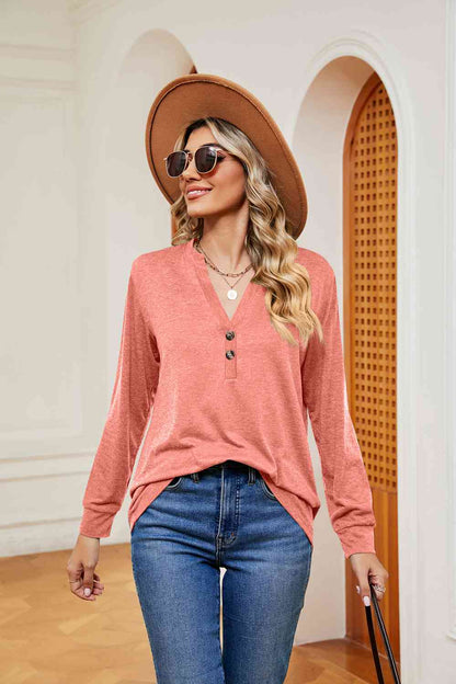 Buttoned Notched Neck Long Sleeve Top