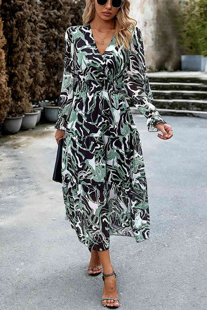 Printed Surplice Neck Flounce Sleeve Midi Dress