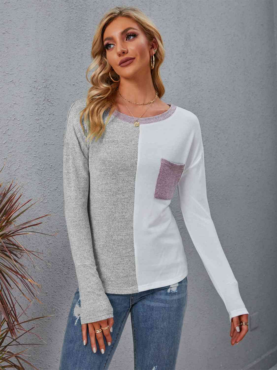 Color Block Round Neck Top with Pocket