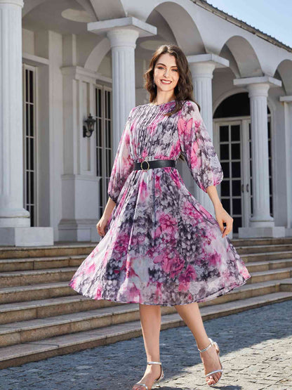 Vestido midi con estampado floral, cuello redondo y manga globo