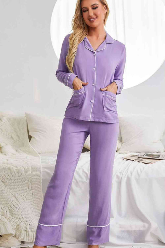 Conjunto de pijama de camisa y pantalón con cuello de solapa en contraste y bolsillos
