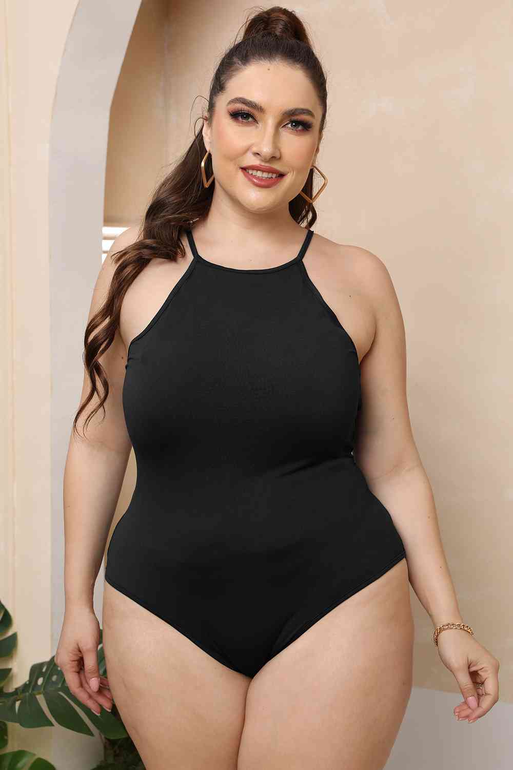 Plus Size Halter Neck Spaghetti Strap Bodysuit