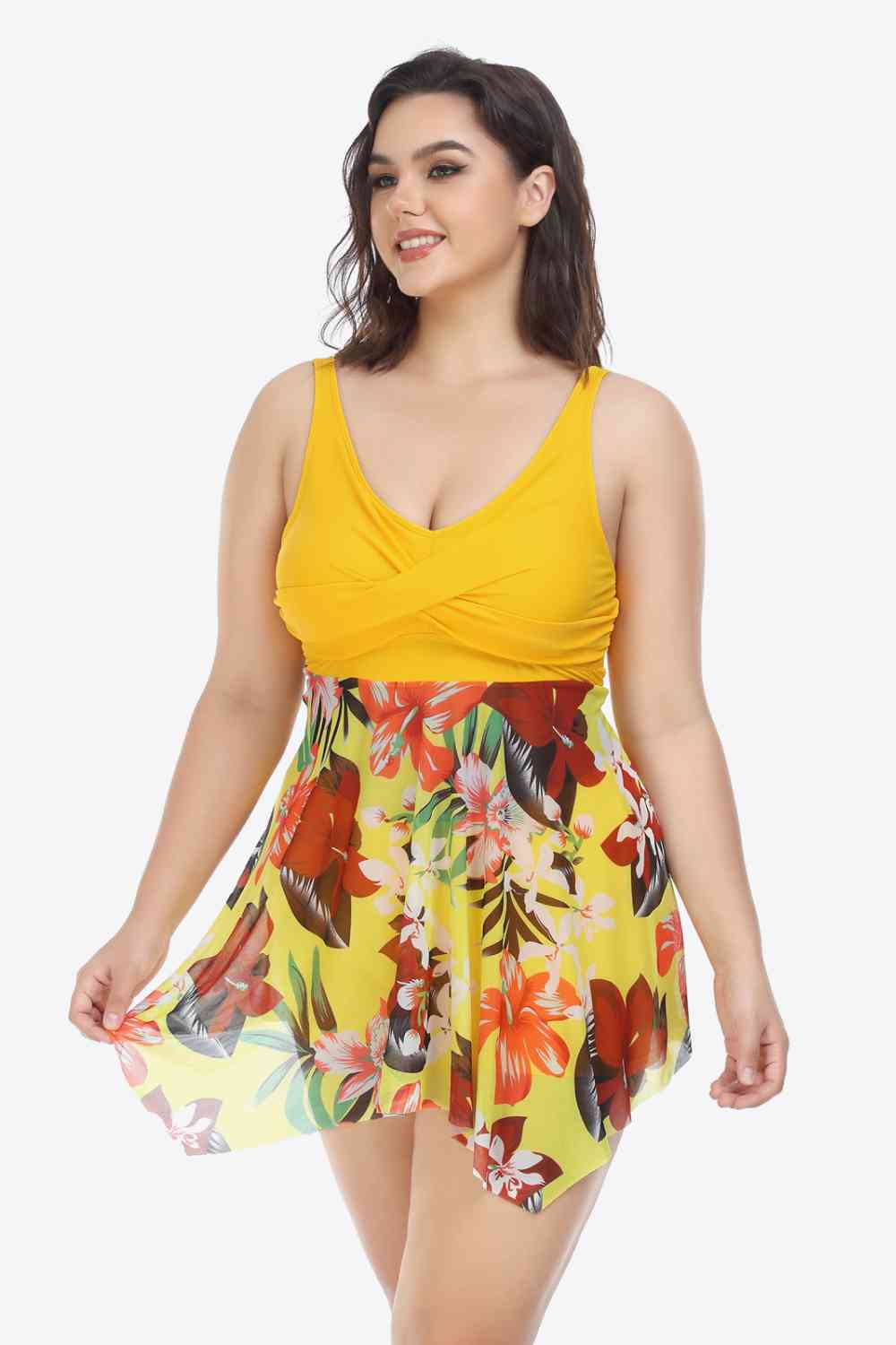 Maillot de Bain Deux Pièces Floral Bicolore à Ourlet Asymétrique de Grande Taille