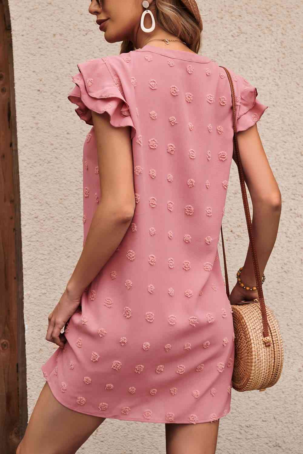 Swiss Dot Notched Neck Flutter Sleeve Dress