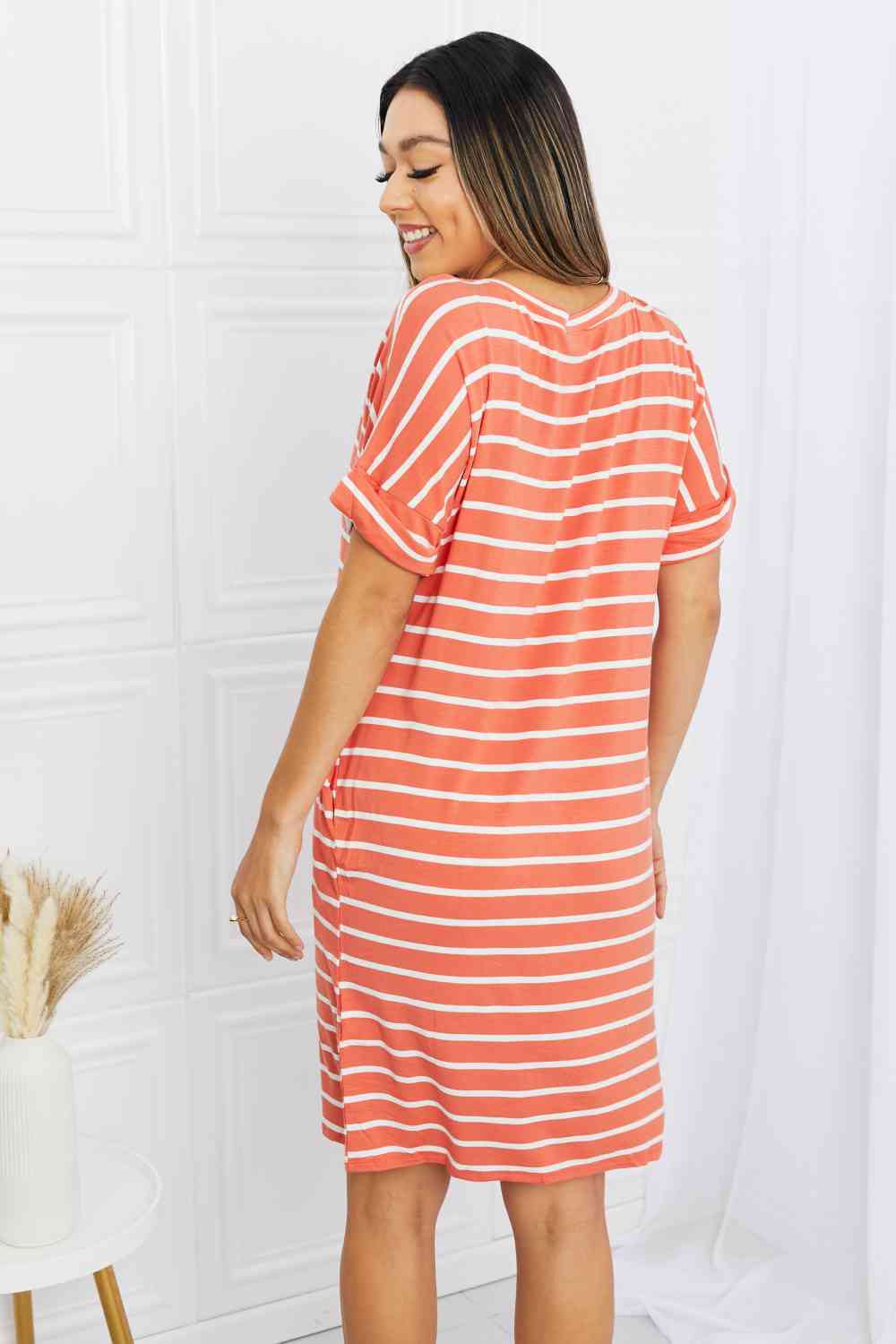 Zenana Full Size Striped V-Neck Pocket Dress