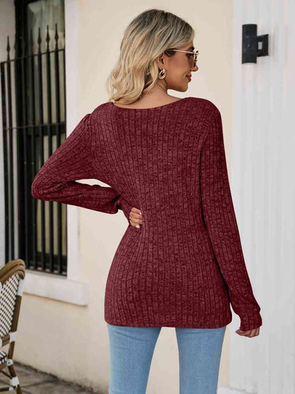 Square Neck Ribbed Long Sleeve T-Shirt