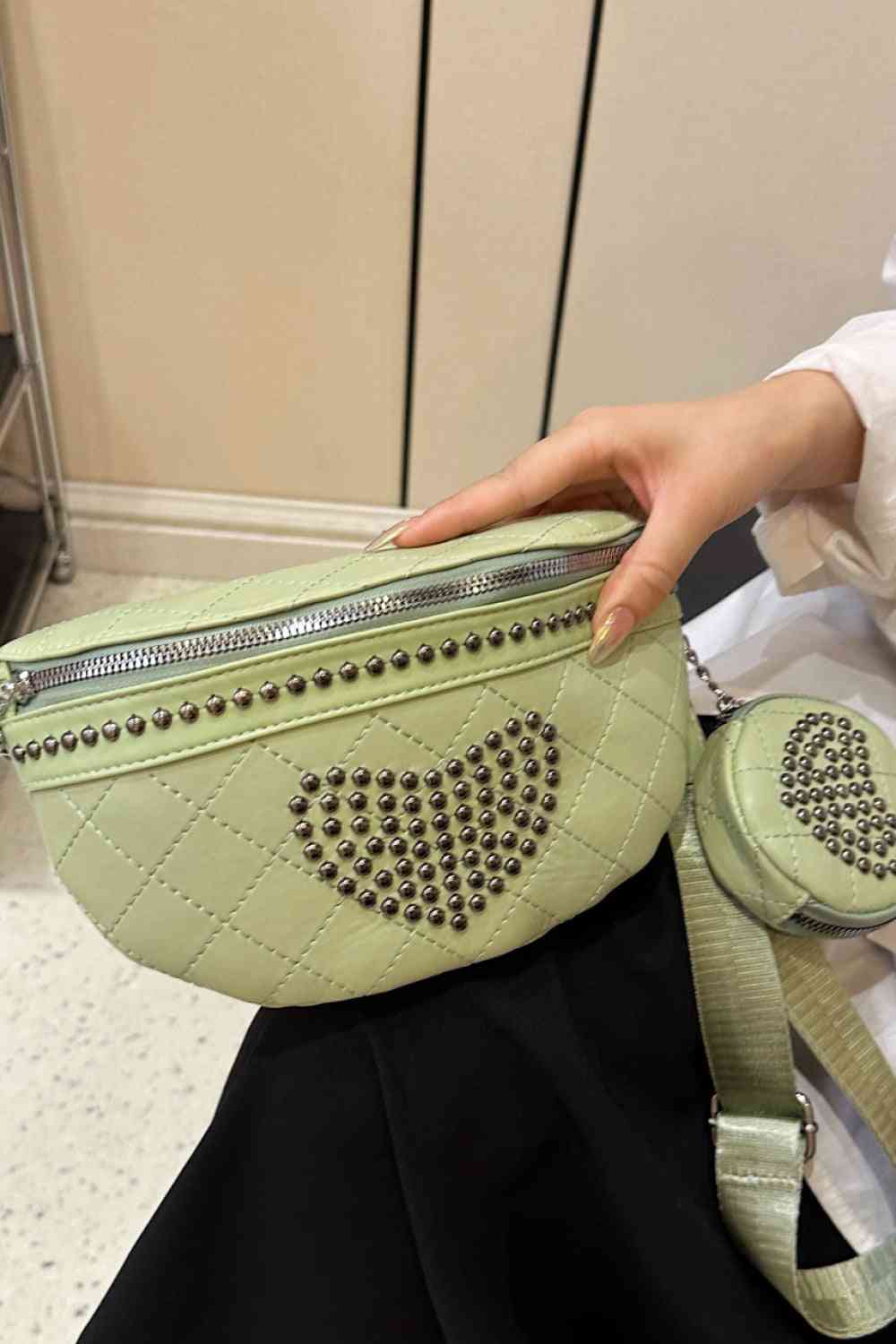 Studded PU Leather Sling Bag with Small Purse