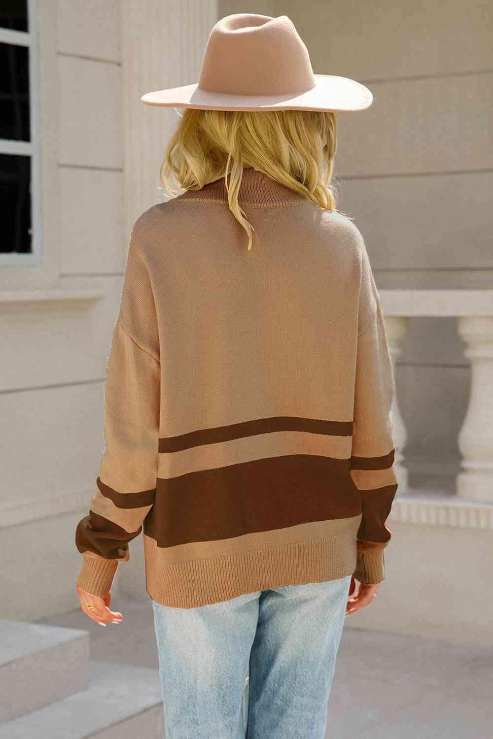 Two-Tone Long Sleeve Zip-Up Knit Top