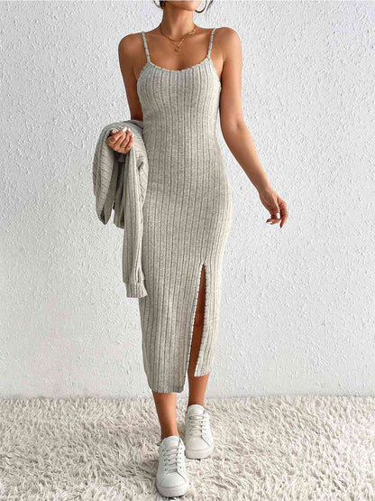 Ribbed Spaghetti Strap Slit Dress & Cardigan Set