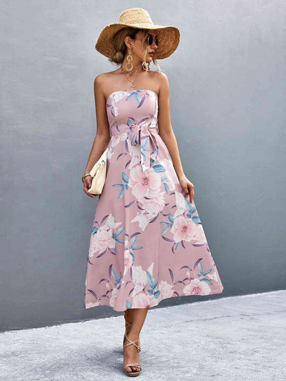 Vestido midi con estampado floral y cintura anudada con cuello recto