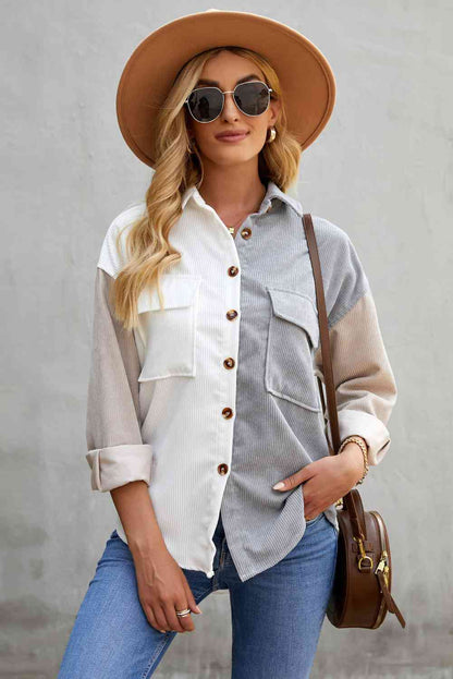 Color Block Button Front Shirt with Pockets