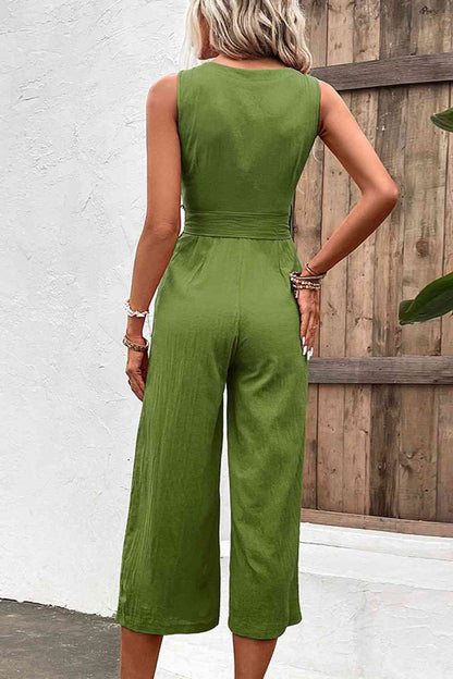 Tie Belt Sleeveless Jumpsuit with Pockets