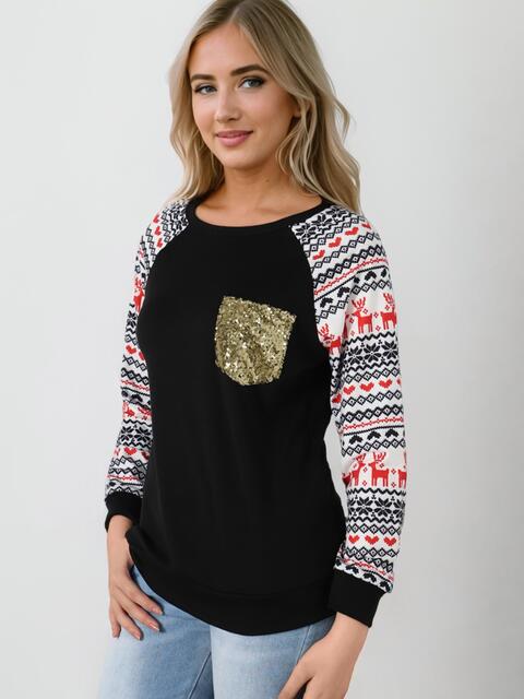 Sequin Round Neck Raglan Sleeve Top