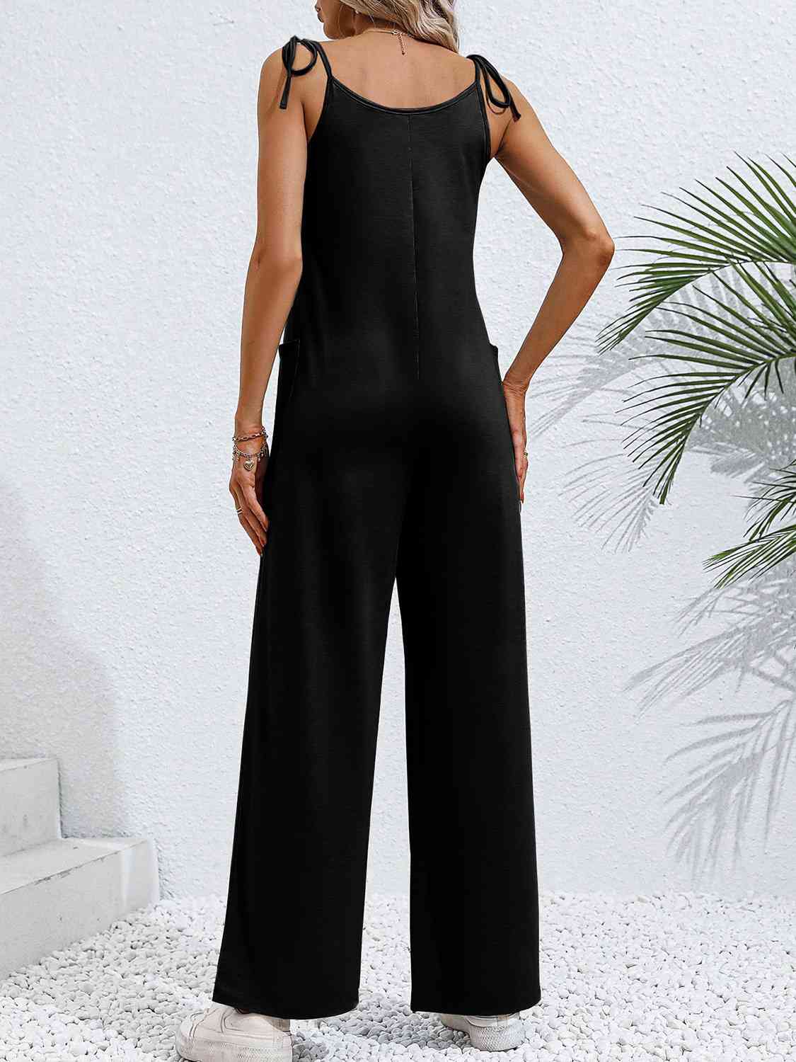 Tie-Shoulder Wide Leg Jumpsuit with Pockets