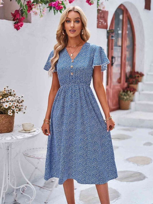 Printed Decorative Button Flutter Sleeve Dress