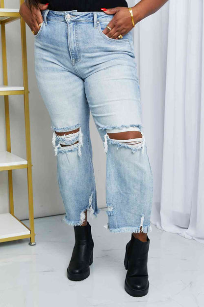 RISEN Full Size Distressed Fringe Hem Cropped Jeans