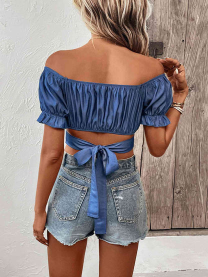 Ruched Off-Shoulder Cropped Blouse