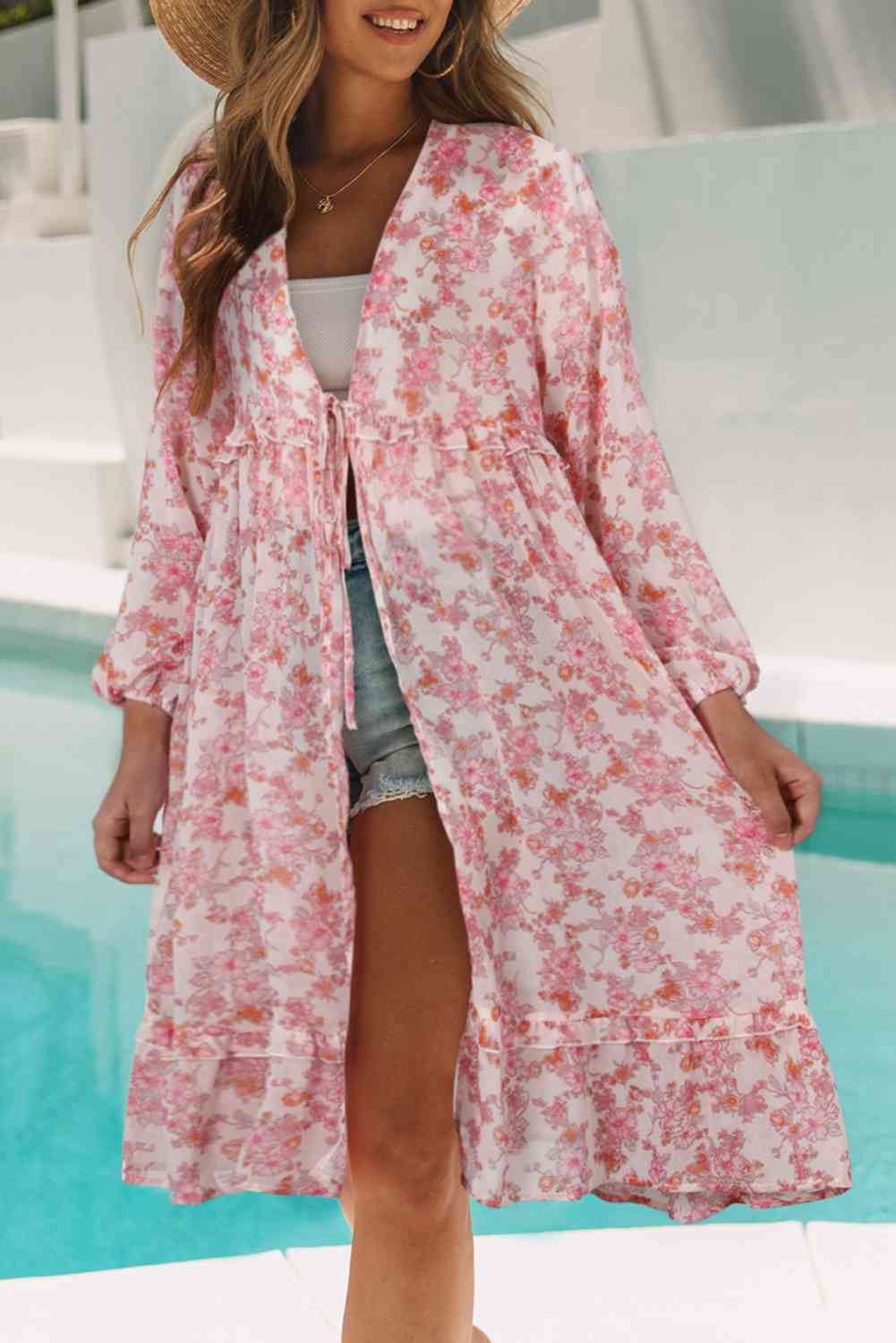 Printed Long Sleeve Tie Front Cover Up